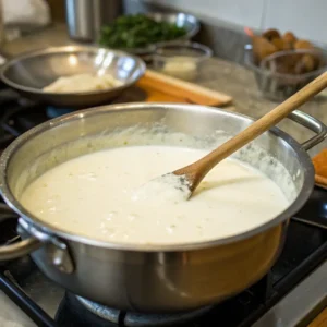 A rich and creamy Hello Fresh Cream Sauce Base being stirred in a pot with a wooden spoon, ready to enhance any dish.