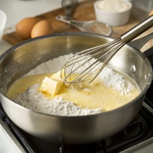 Whisking butter and flour in a pan to create a creamy Hello Fresh Cream Sauce Base, with eggs and flour in the background.