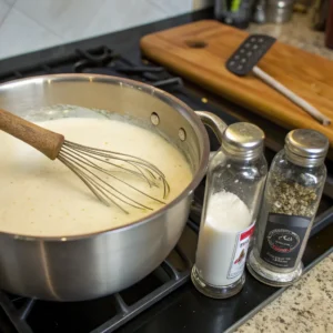 A saucepan filled with a creamy Hello Fresh cream sauce base being whisked, with salt and pepper shakers nearby on a stovetop.