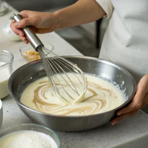 A person whisking a creamy mixture in a stainless steel bowl, creating a smooth Hello Fresh cream sauce base with a swirl of seasoning.