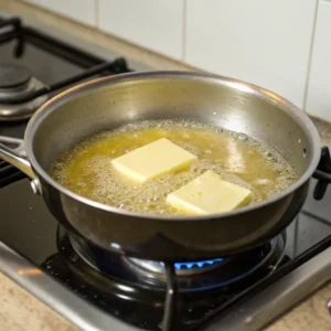 Butter melting in a pan on a stovetop, the first step in making a rich and creamy Hello Fresh Cream Sauce Base.